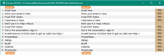 Preview of XML file in Trados Studio with translatable text in attributes, including placeholder text 'email here' and 'write us in help-About'.