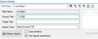 Trados Studio search details window showing TM filter with regex .1,6$ entered in the Source Text field.