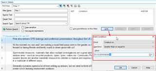 Trados Studio 'Add Condition' dialog box with 'Created on' selected and date range fields visible.