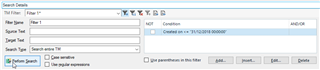 Trados Studio search details window displaying a filter condition set to 'Created on' with a specified date range.