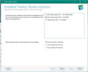 Trados Plugin Installer window showing installed Trados Studio versions with two options: SDL Trados Studio 2021 - 16.1.7.4096 and SDL Trados Studio 2019 - 15.2.3.0.0. No errors or warnings visible.