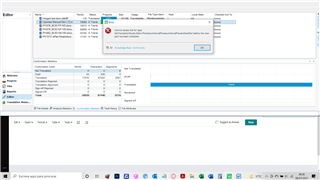 Trados Studio screenshot showing the Editor view with an open dialog box indicating 'Error: Please resolve the terminology conflicts.'