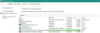 Control Panel window showing Programs and Features list with Trados Studio 2021 SR2 - 16.2.10.9308 highlighted indicating the installed version.