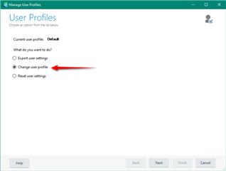 Trados Studio Manage User Profiles window with options to change user profile, highlighted option is 'Export user settings'.