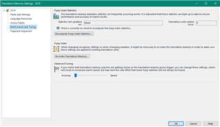 Trados Studio Translation Memory settings dialog with a warning message about potential performance issues when changing settings.