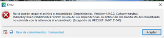 Error message in Trados Studio 2021 SR1 stating 'Cannot load file or assembly SimpleInjector, Version=4.9.0.0' with HRESULT exception code.