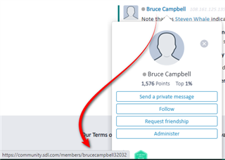 Screenshot showing a user profile tooltip in Trados Studio with the name Bruce Campbell, points, and user options like send a private message, follow, request friendship, and administer.