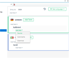 Screenshot of Trados Studio Termbase viewer showing an entry with fields for German language, source, comments, and grammar.