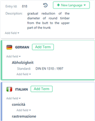 Trados Studio interface showing a term entry with a description in English, German term 'Abholzigkeit' and its standard, and an Italian term 'conicit ' with its description.