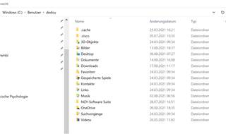 Screenshot of a Windows file explorer window showing user folder contents in German, including directories such as Desktop, Downloads, and Documents, but no AppData folder visible.