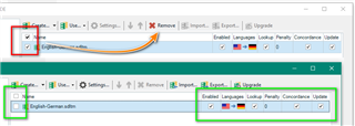 Screenshot of Trados Studio settings showing a ticked left-hand box for removing resources, with arrows pointing to correct settings for TM(s) with Enabled, Lookup, Concordance, and Update ticked.