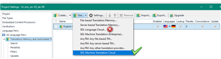 Screenshot of Trados Studio project settings with an error message for SDL Language Cloud and a red cross icon, and a green checkmark indicating the correct installation of SDL Machine Translation Cloud.