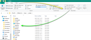 File Explorer window showing the View tab selected and Hidden Items checkbox checked, revealing the AppData folder.