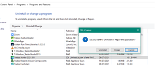 Dialog box for SDL Trados Studio with options to Uninstall or Repair the application.
