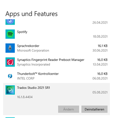 Screenshot of the Apps and Features window showing Trados Studio 2021 SR1 installed on 05.08.2021 with version number 16.1.4.4094. The 'Change' button is labeled 'Andem' and is greyed out, indicating it is not active.