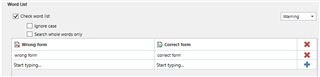 Trados Studio 2021 Word List interface showing a missing term error with 'wrong term' and 'correct term' fields.