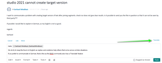Trados Studio forum post with a green arrow pointing to the 'Translate' button.