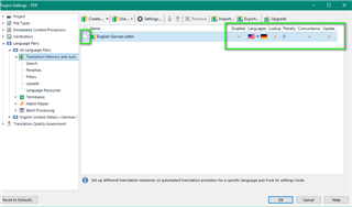 Trados Studio project settings window showing an English-German translation memory (TM) with an unchecked box next to it.