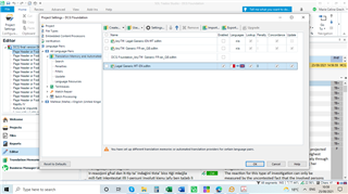 Trados Studio screenshot showing project settings with an error message stating 'No active or known translation memories or automated translation providers for target language'.