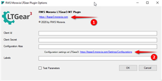 Screenshot of RWS Moravia LTGear Plugin Options window with two red arrows pointing to a URL link labeled 1 and a 'Configurations' link labeled 2.