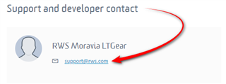 Close-up of 'Support and developer contact' section showing RWS Moravia LTGear icon and an email address with a red arrow pointing to it.
