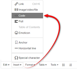 Screenshot showing the Trados Studio forum post editor with a red arrow pointing to the 'Code' option in the 'Insert' dropdown menu.