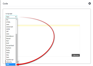 Screenshot of the 'Code' dialog box in Trados Studio with a red arrow pointing to the 'XML' option in the 'Language' dropdown menu.