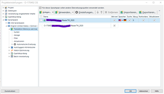 Trados Studio 2019 SR2 project settings window showing TM storage location on local hard drive.