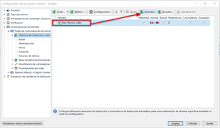 Trados Studio Project Settings window showing Language Pairs tab with a red arrow pointing to 'New Memory' button under Translation Memory and Automated Translation section.