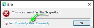 Error dialog box in Trados Studio with a red cross icon, displaying the message 'The system cannot find the file specified' and a Knowledge Base button.