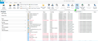 Trados Studio interface showing the 'Projects' view with a list of project files. Some files are highlighted in red indicating errors or warnings. The 'Open Package' button is visible on the toolbar.