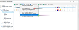Trados Studio screenshot showing the Project Settings window with SDL Language Cloud selected and an arrow pointing to SDL Machine Translation Cloud option.