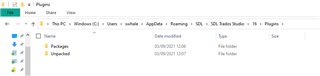 File Explorer window with path 'C:UsersHyunjin ChoAppDataRoamingSDLSDL Trados Studio16Plugins', showing folders 'Packages' and 'Unpacked'.
