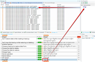 Screenshot of Trados Studio showing a list of terms with several marked as 'missing' despite being present, indicated by a red arrow.