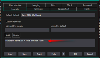 Screenshot of Glossary Converter settings with an arrow pointing to the format option 'MultiTerm Termbase > MultiTerm xdt + xml'.