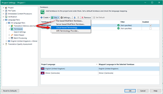 Screenshot of Trados Studio project settings with a dialog box open for adding a cloud termbase to the project.