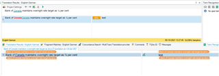 Screenshot of Trados Studio showing 'Canada' declared as a variable in a translation memory (TM) segment, with a warning message indicating a higher TM result.