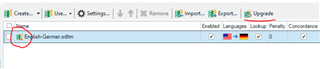 Screenshot of Trados Studio TM settings with a warning icon next to a TM named 'EN-German.sdltm', indicating the TM needs to be upgraded.