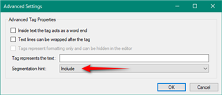 Screenshot of Trados Studio's Advanced Tag Properties dialog box with the 'Segmentation hint' dropdown menu open and 'Include' option selected, highlighted by a red arrow.