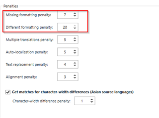 Screenshot of Trados Studio penalties settings showing 'Missing formatting penalty' set to 7 and 'Different formatting penalty' set to 20, both outlined in red.