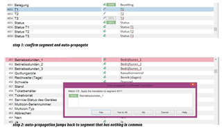 Trados Studio interface showing a list of segments with a 'Confirm segment and auto-propagate' dialog box open for segment 611.