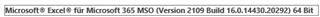 Microsoft Excel version information showing 'Microsoft Excel for Microsoft 365 MSO Version 2119 Build 16.0.14527.20292 64-Bit'.