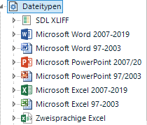Trados Studio Data types list showing options for Microsoft Excel 2007-2019 and Microsoft Excel 97-2003, among others.