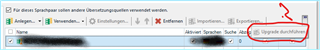 Screenshot of Trados Studio showing the 'Upgrade Translation Memories' option greyed out under Project Settings with a red arrow pointing to it.