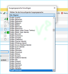 Screenshot of Trados Studio's language selection window with a list of English variants, but missing the option for English (United Kingdom). A question mark indicates confusion about the missing option.