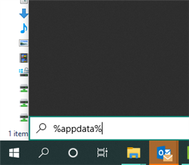 Screenshot of a Windows taskbar with the search field displaying the typed command '%appdata%' to access the AppData folder.
