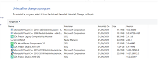 Windows Control Panel showing a list of installed programs including 'SDL Trados Studio 2017 SR1' and 'WorldServer Components'.