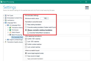 Screenshot of Trados Studio settings with 'Pre-translate Settings' section highlighted showing 'Minimum match value' set to 100% and 'Always overwrite existing translation' selected.
