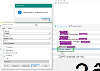 A pop-up message in Trados Studio stating 'Find complete: no more matches found' with no errors in the background.