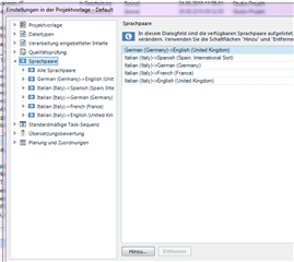 Trados Studio project template settings window showing language pairs German>English, Italian>Spanish, French, German, English with no error messages.